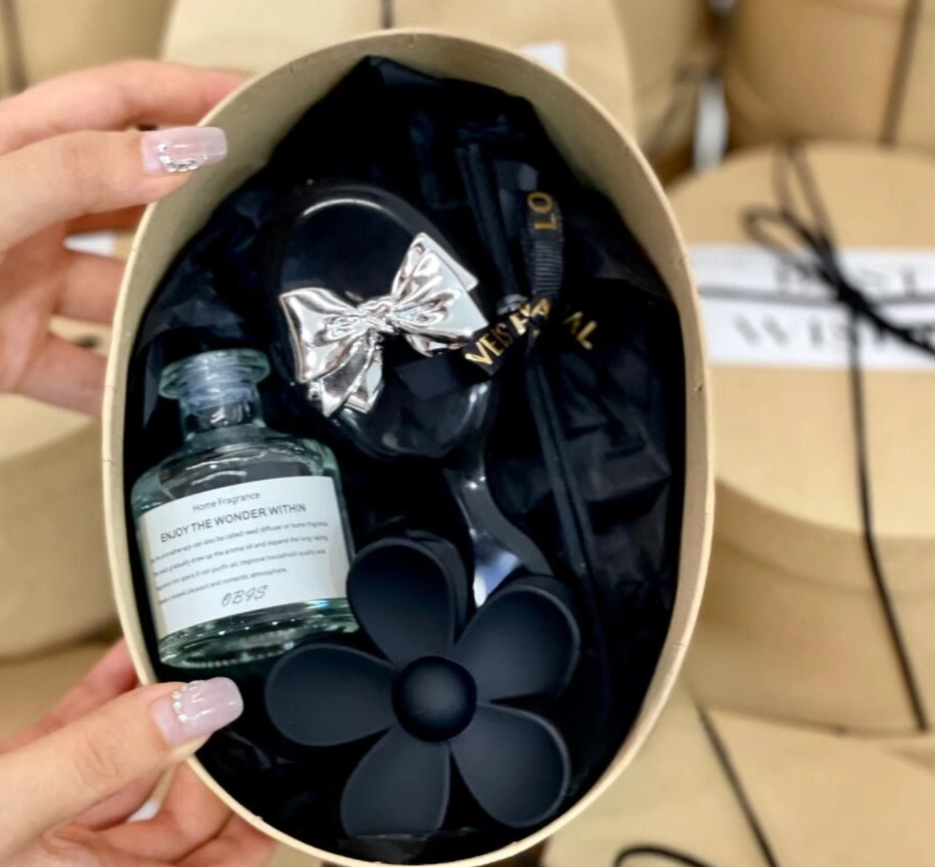 Elegant Gift Box with Silver Bow Air Cushion Brush, Black Floral Claw Clip, Flameless Diffuser and Pinecone Ornament