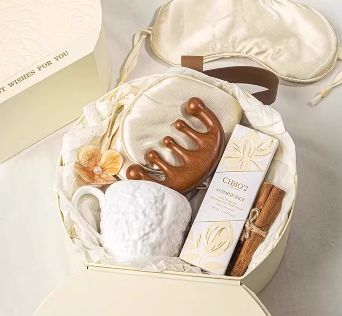 Self-Care Spa Gift Box with Silk Eye Mask, Wooden Scalp Massager, Ceramic Mug, Jasmine Rice Hand Cream and Candle