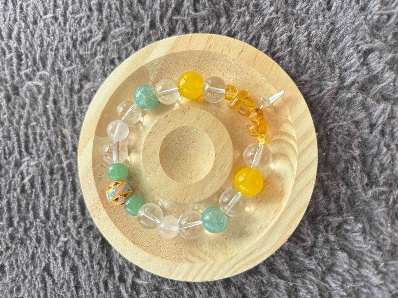 Yellow agate, jade, enamel bead bracelet with clear crystal