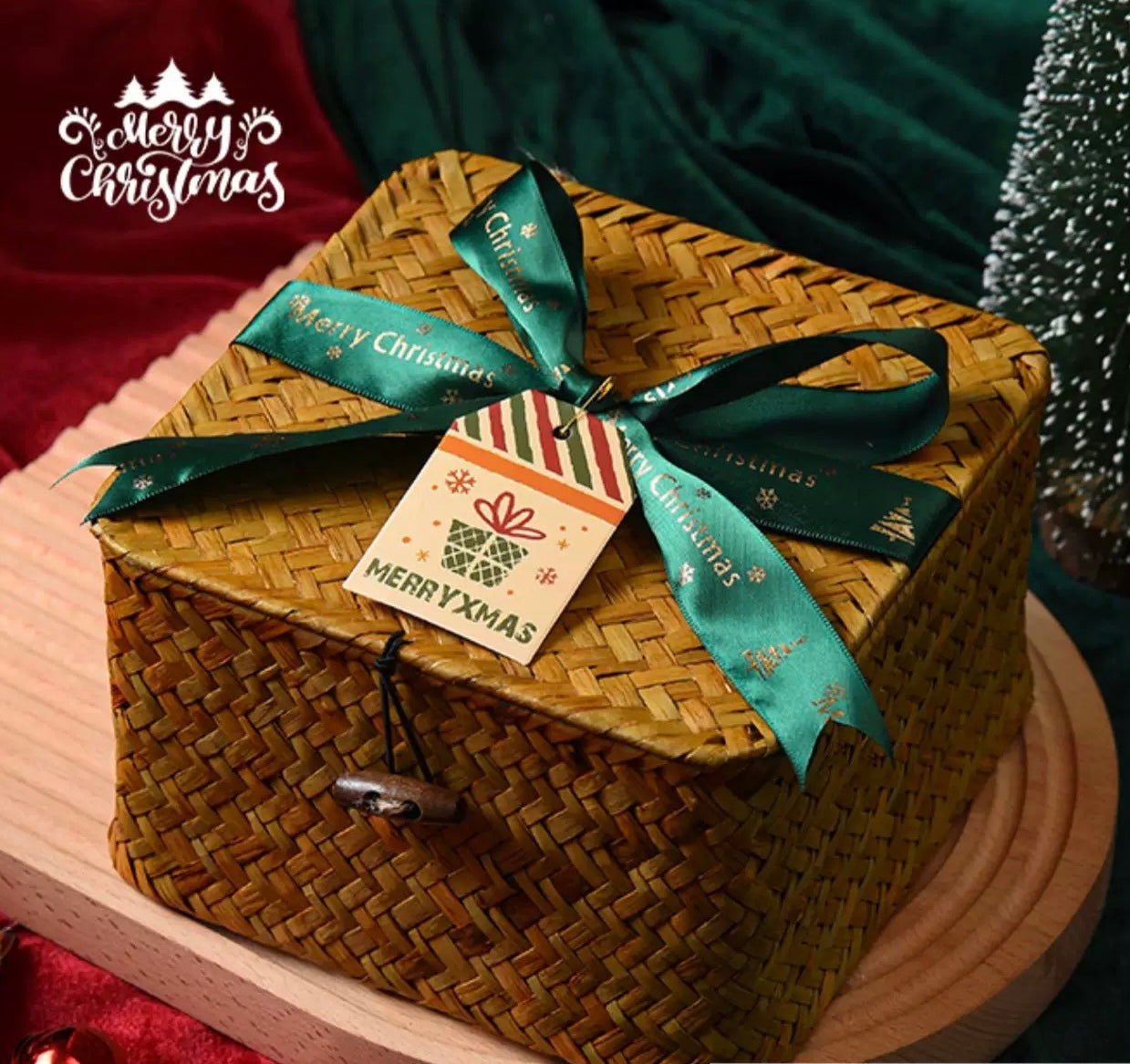 Christmas Themed Gift Basket With Bear Plush, Mug, Stirring Spoon and Holiday Decorations