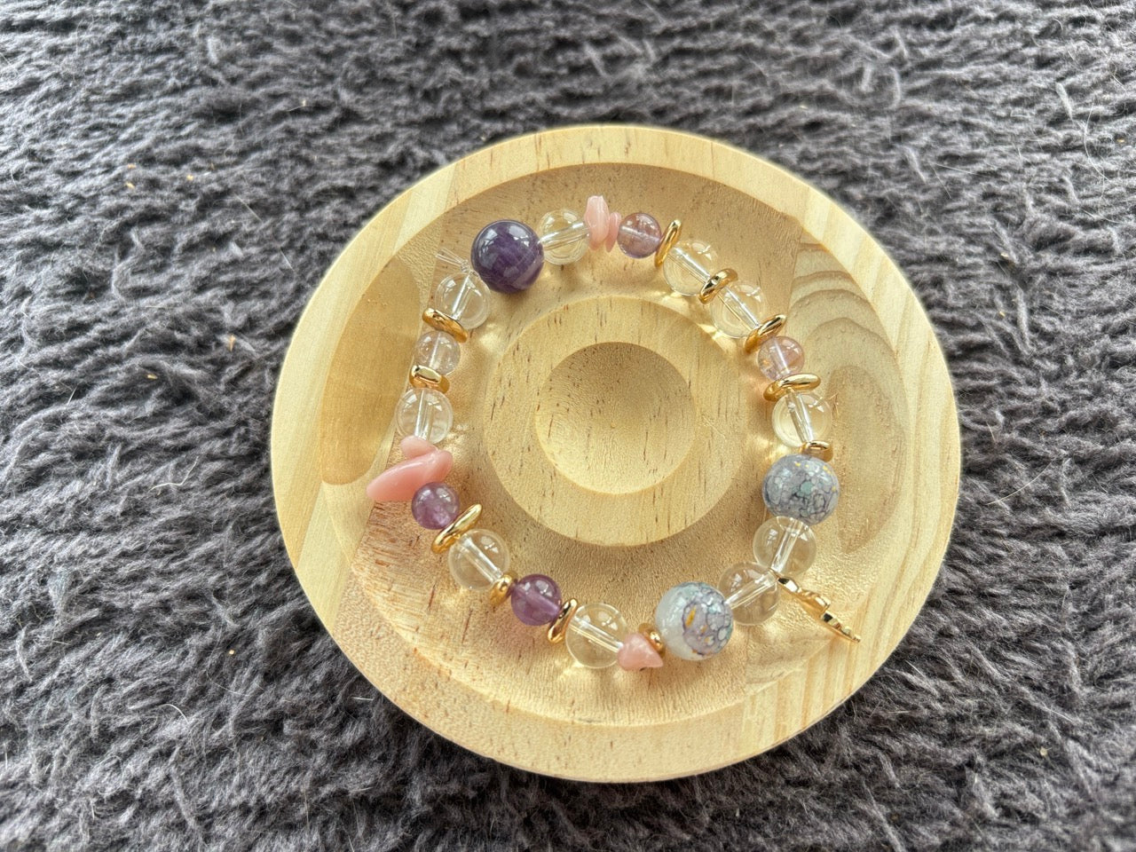 Pink Quartz and Amethyst Crystal Bracelet with Gold Tail Accessories
