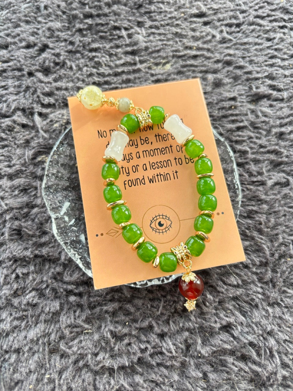Jade and Red Agate Bracelet with Gold Colour Decoration