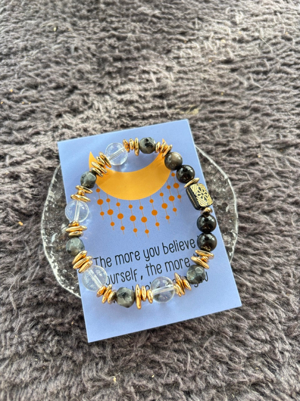Labradorite, Silver Sheen Obsidian and Crystal Bracelet with Gold Colour Decoration