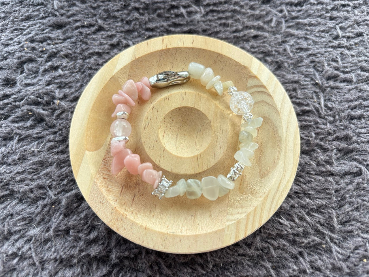 Pink Quartz and Moonstone Bracelet with Silver Tube Bead