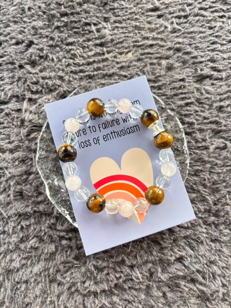 Pink Quartz, Tiger’s Eye and Crystal Bracelet with Silver Decoration
