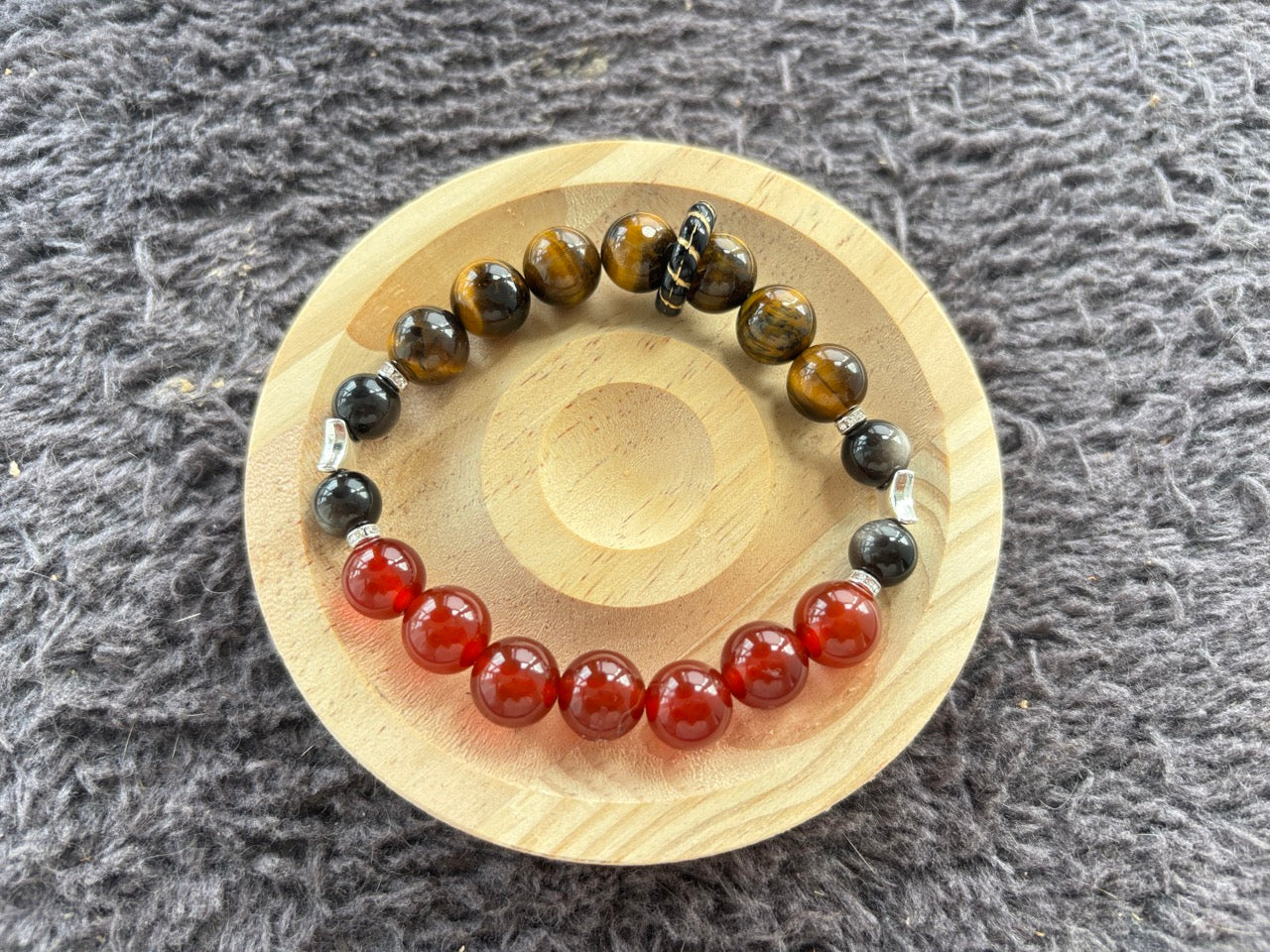 Red Agate, Tiger’s Eye and Silver Sheen Obsidian Bracelet