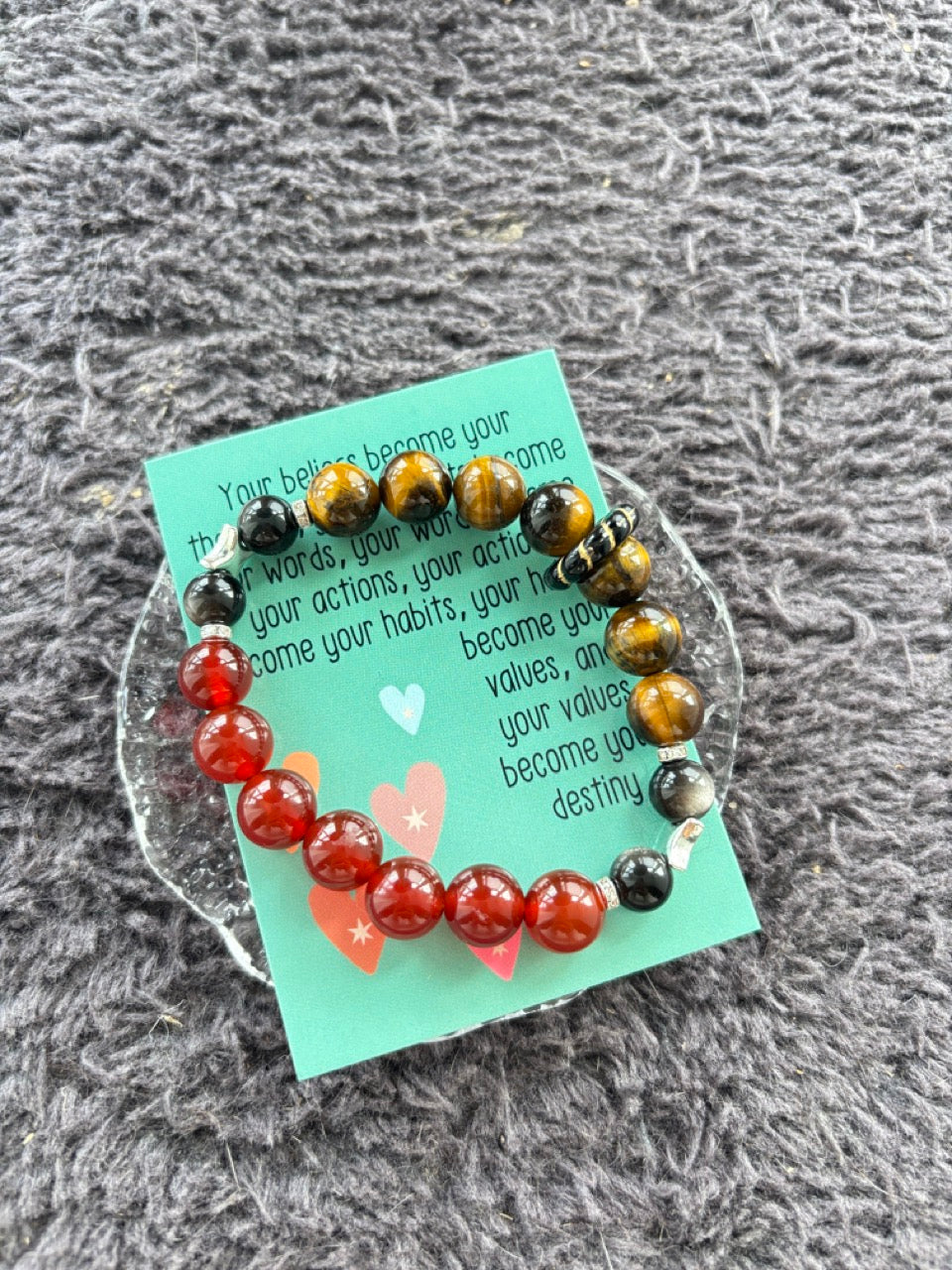 Red Agate, Tiger’s Eye and Silver Sheen Obsidian Bracelet