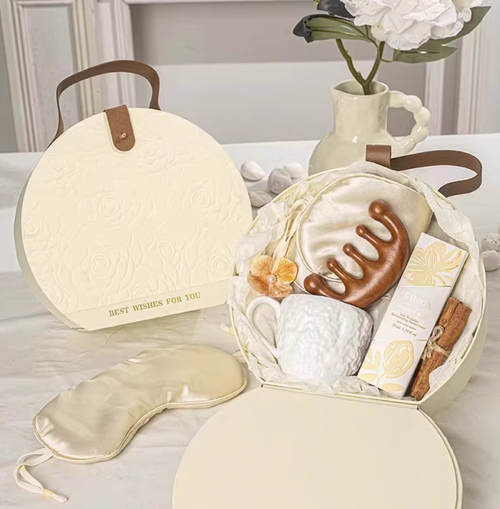 Self-Care Spa Gift Box with Silk Eye Mask, Wooden Scalp Massager, Ceramic Mug, Jasmine Rice Hand Cream and Candle