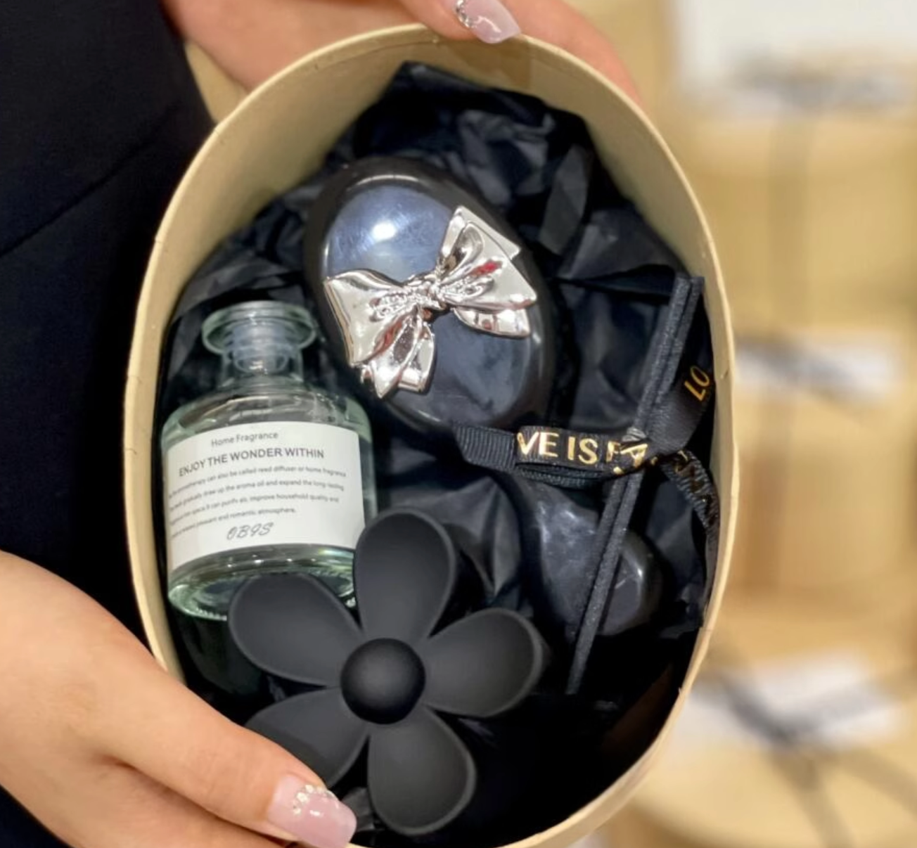 Elegant Gift Box with Silver Bow Air Cushion Brush, Black Floral Claw Clip, Flameless Diffuser and Pinecone Ornament