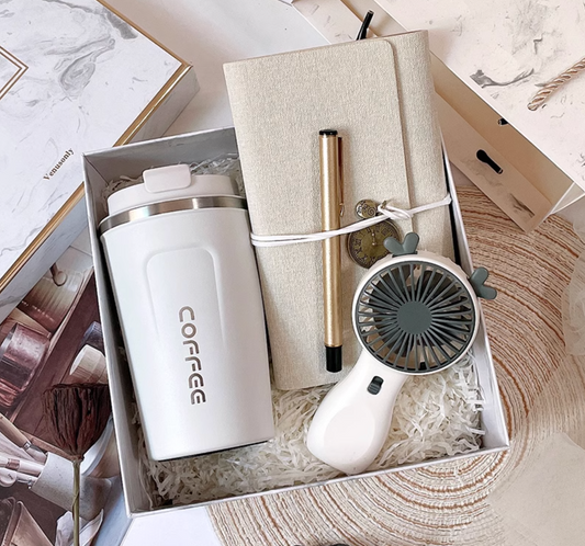 Essential White Gift Set – Versatile Coffee Cup, Fan, and More for Everyday Convenience