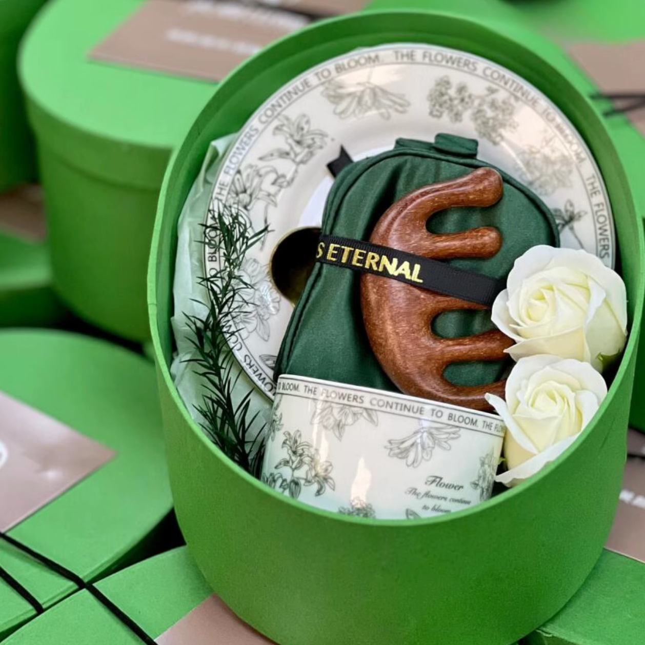 Luxury Tea Gift Box with Teaware Set, Silk Eye Mask, Sandalwood Comb, and Preserved Flower