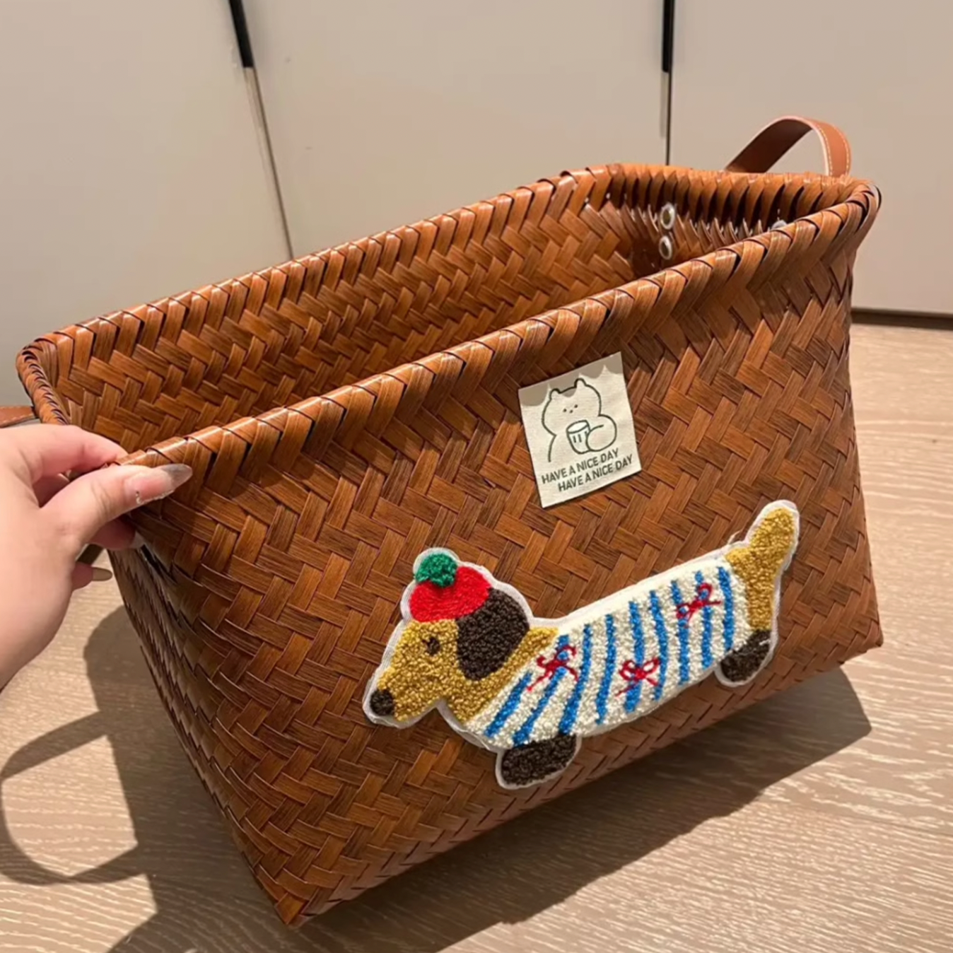 Handmade Waterproof Woven Storage Basket with Adorable Dachshund Design