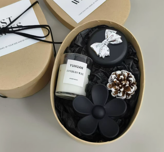 Elegant Gift Box with Silver Bow Air Cushion Brush, Black Floral Claw Clip, Flameless Diffuser and Pinecone Ornament