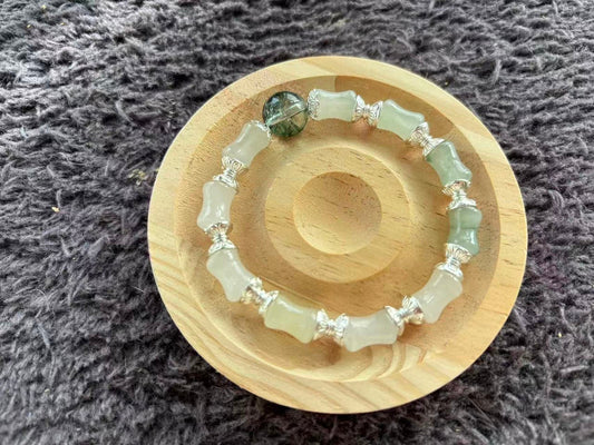 Bamboo Shape Jade, Green Phantom Crystal Bracelet with Silver Colour Decoration