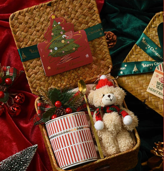 Christmas Themed Gift Basket With Bear Plush, Mug, Stirring Spoon and Holiday Decorations