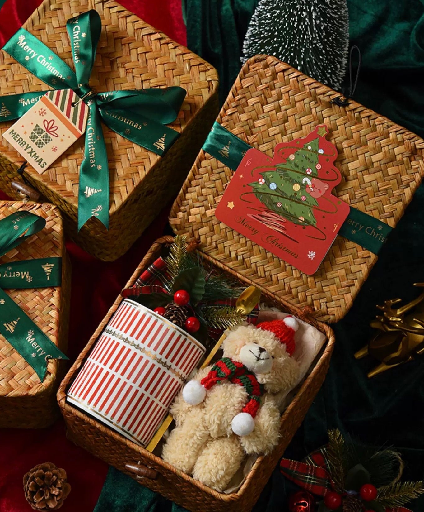 Christmas Themed Gift Basket With Bear Plush, Mug, Stirring Spoon and Holiday Decorations