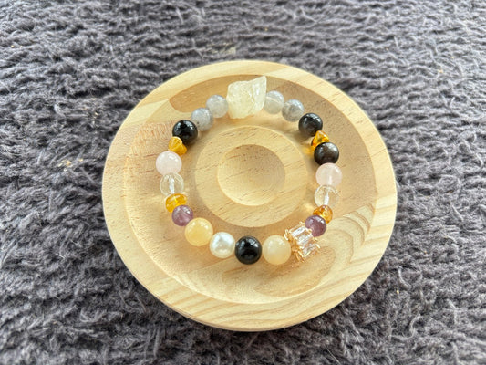 Citrine, Silver Sheen Obsidian, Pink Quartz and Crystal Bracelet