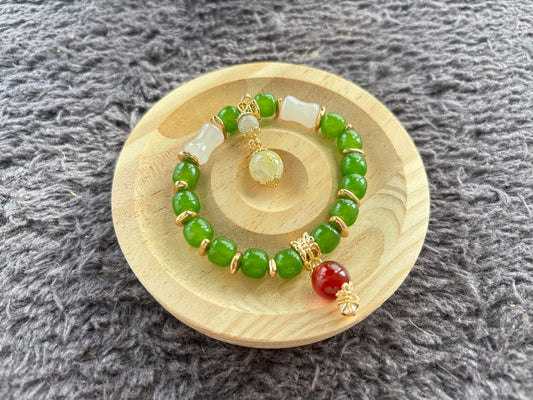 Jade and Red Agate Bracelet with Gold Colour Decoration