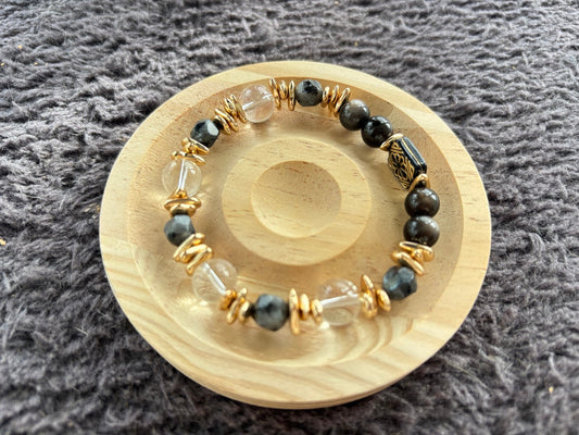 Labradorite, Silver Sheen Obsidian and Crystal Bracelet with Gold Colour Decoration