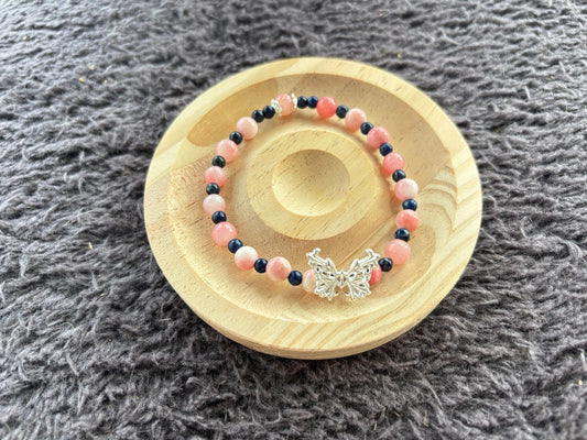 Pink Agate, Lapis Lazuli Bracelet with Butterfly Decoration