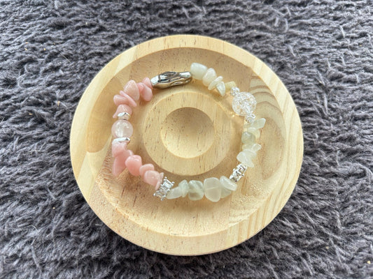 Pink Quartz and Moonstone Bracelet with Silver Tube Bead