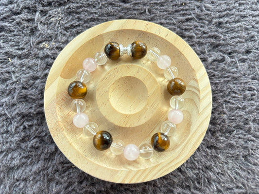 Pink Quartz, Tiger’s Eye and Crystal Bracelet with Silver Decoration