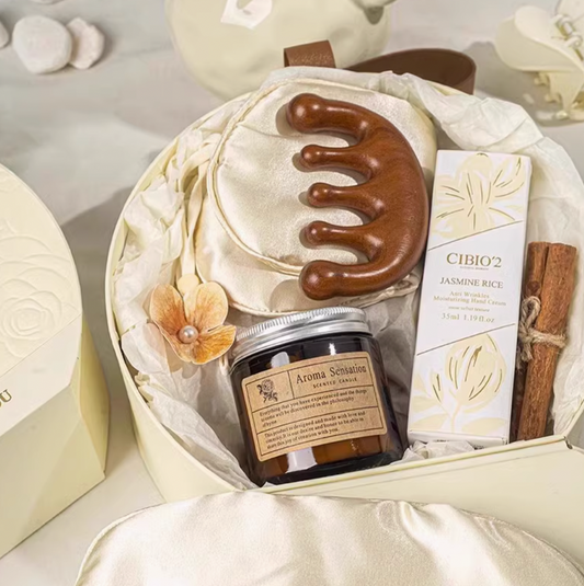 Self-Care Spa Gift Box with Silk Eye Mask, Wooden Scalp Massager, Ceramic Mug, Jasmine Rice Hand Cream and Candle
